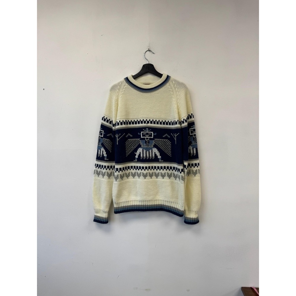 Vintage Silton Sweater Mens Medium Cream Navy‎ Thunderbird Knit Pullover 80s